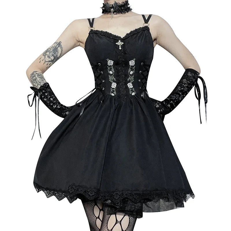 Women Gothic Vintage Black Mini Dress Streetwear Punk Belt Patchwork Dress Harajuku High Waist Mini Dresses
