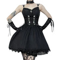 Women Gothic Vintage Black Mini Dress Streetwear Punk Belt Patchwork Dress Harajuku High Waist Mini Dresses