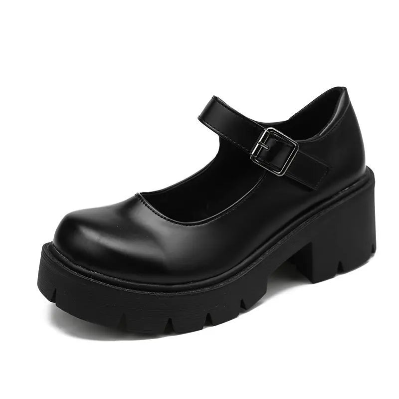 Women Vintage Shoes Casual Buckle Strap Round Toe Shoes Platform Square Heel Shoes