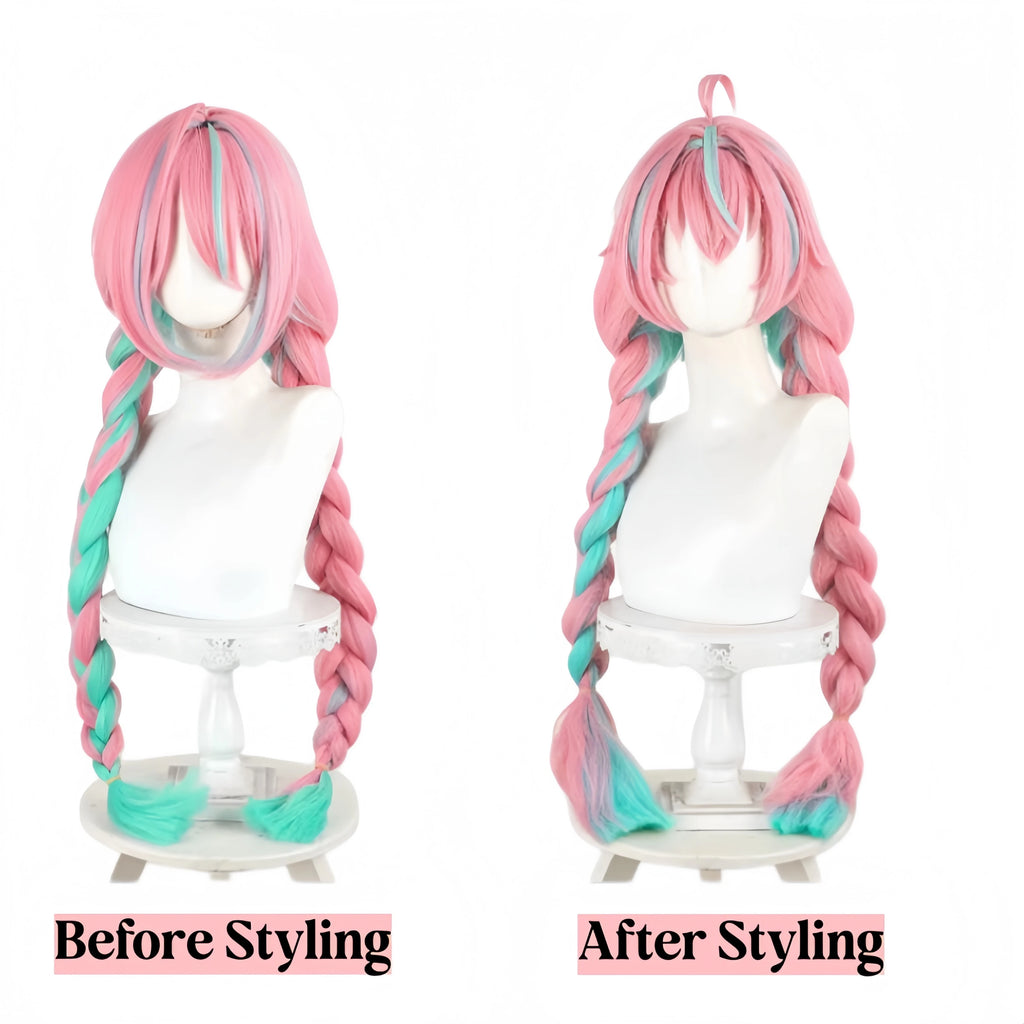 Genshin Impact Varesa Cosplay Wig 98cm Pink Green Braided Hairstyle Wig Heat Resistant Synthetic Hair Anime Cosplay Costume Wigs