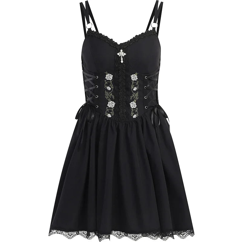 Women Gothic Vintage Black Mini Dress Streetwear Punk Belt Patchwork Dress Harajuku High Waist Mini Dresses