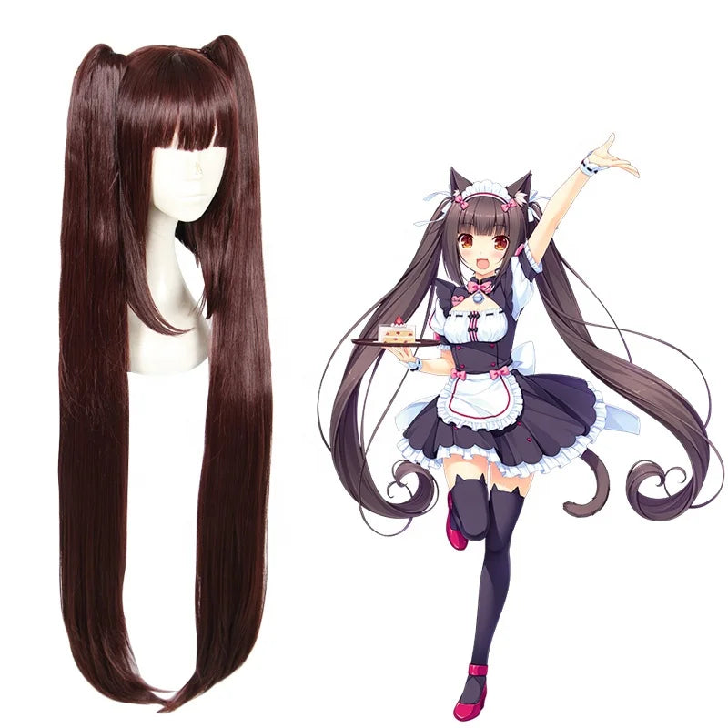 Wholesale 100cm Long Curly Reddish Brown Nekopara Chocolate Wig Synthetic Anime Cosplay Wigs With 2Ponytails CS-453A