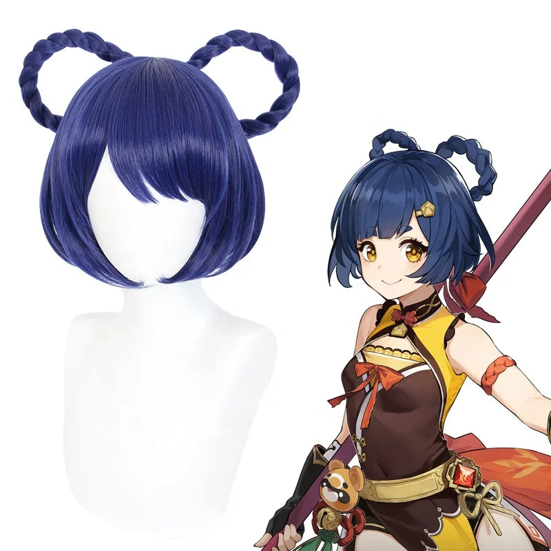 Wholesale Genshin Impact Anime Peluca 30cm Short Blue Purple Mixed Xiangling Wig Cosplay Synthetic Braided Hair Wig