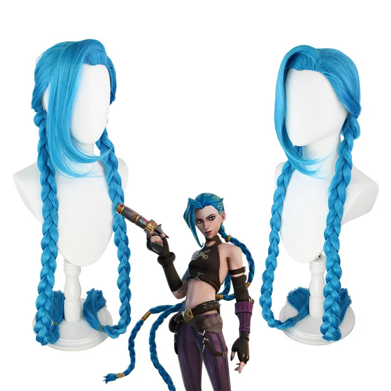 High Quality 120cm 47'' Long Straight Blue League of Legends Game Jinx Wig Cosplay Synthetic Hair Wigs