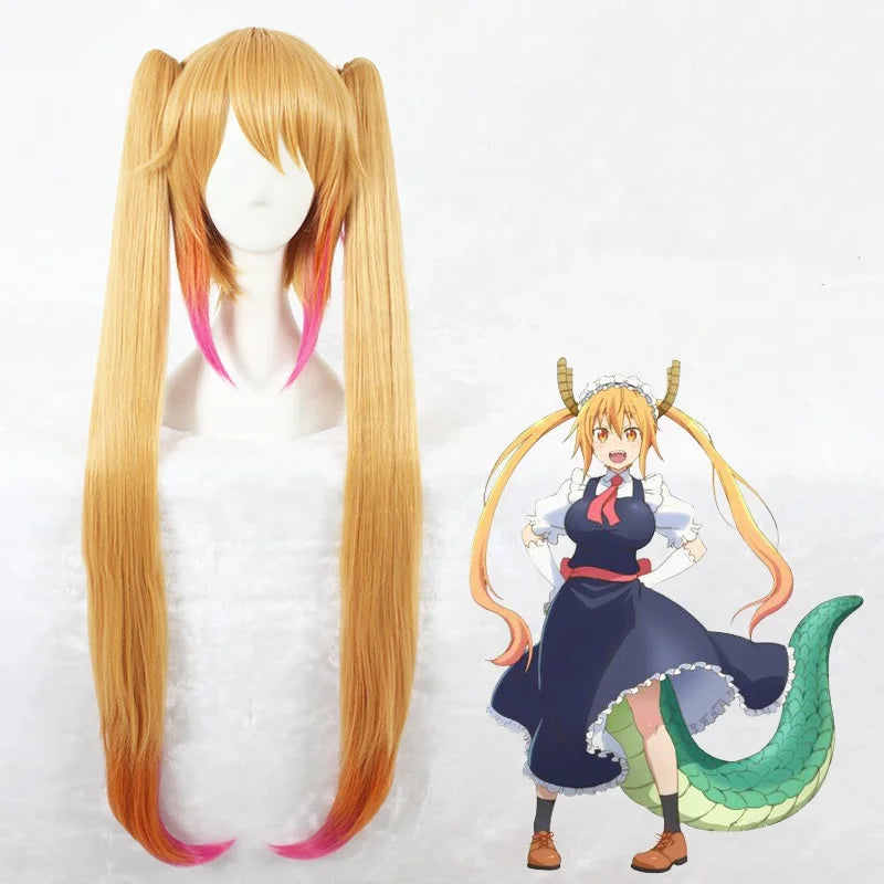 Kobayashi Maid Dragon Tohru Cosplay Wig 100cm Long Straight Blonde Mixed Synthetic Anime Hair Wig With Two Ponytails