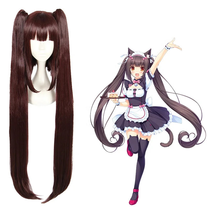 Wholesale 100cm Long Curly Reddish Brown Nekopara Chocolate Wig Synthetic Anime Cosplay Wigs With 2Ponytails CS-453A