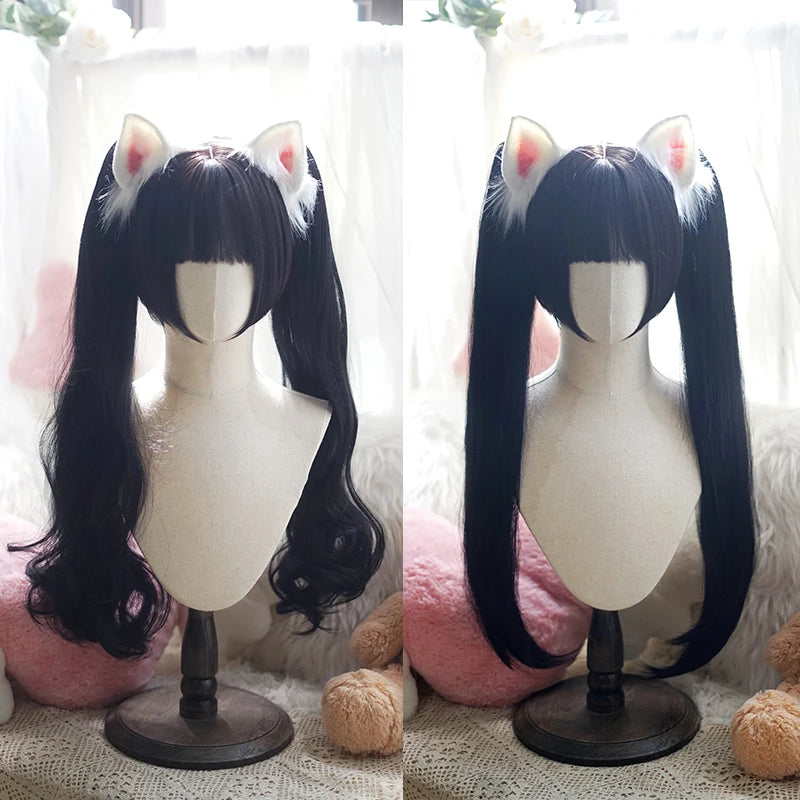 Lolita Style Curly straight Double Ponytails Wig | Heat Resistant Synthetic Hair with Bangs for Cosplay, Halloween, Anime Theme