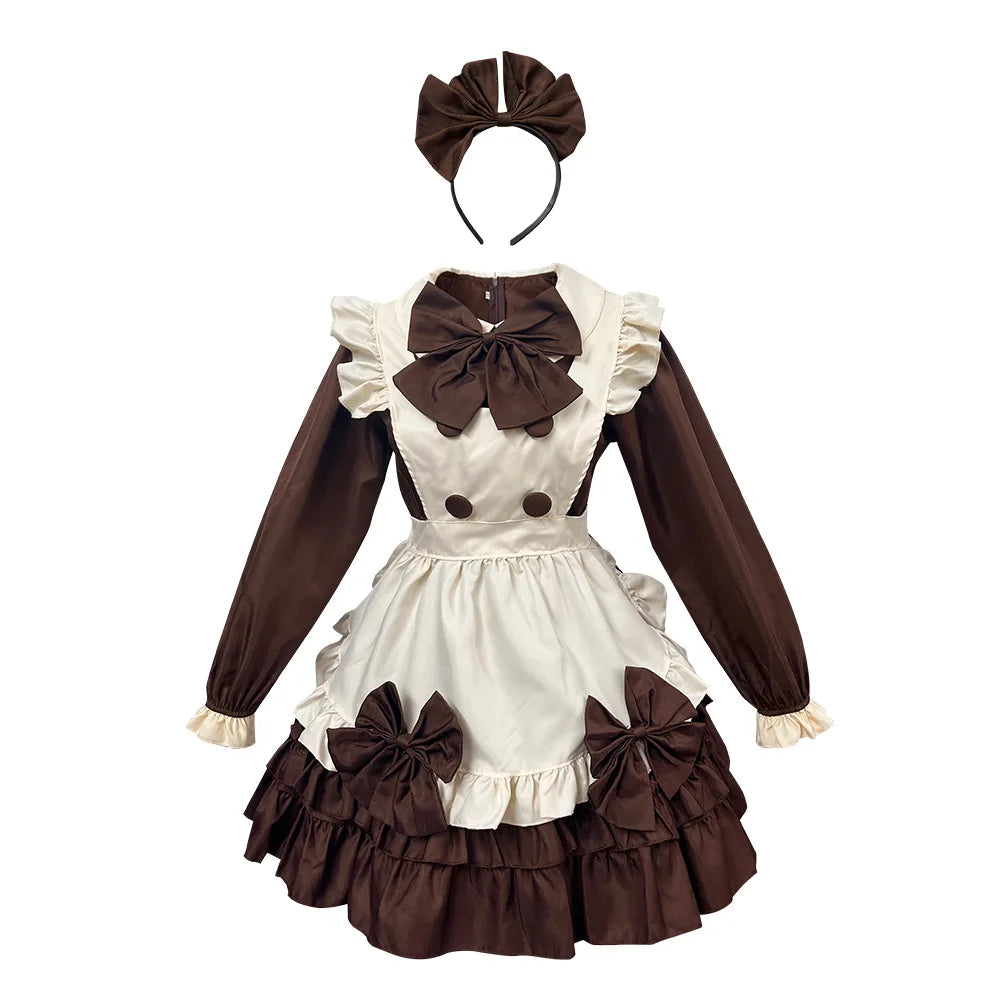 Adult Women Japanese Anime Cosplay Costume Polyester Bow Apron Lolita Maid Dress Outfit for Halloween Party