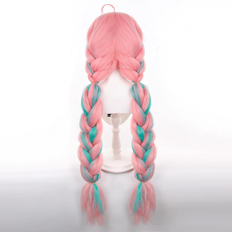 Wholesale Genshin Impact Cosplay 100cm Long Pink Blue Mixed Varesa Wig Synthetic Anime Hair Wig With Two Braids for Party