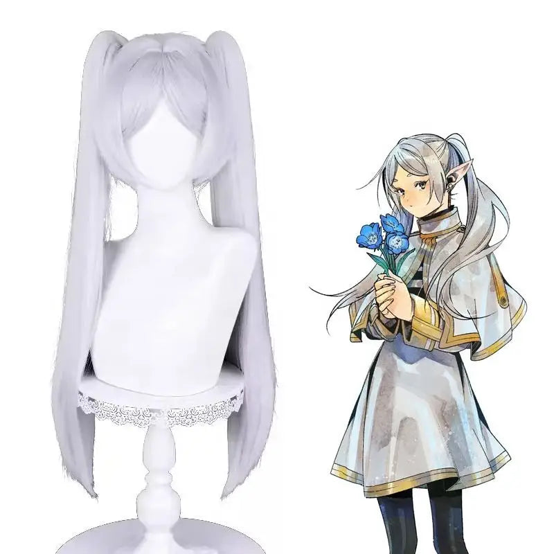 Wholesale Huayi 70cm Long Straight Silver White Frieren at the Funeral Anime Wig Synthetic Cosplay Two Ponytails Women Adults