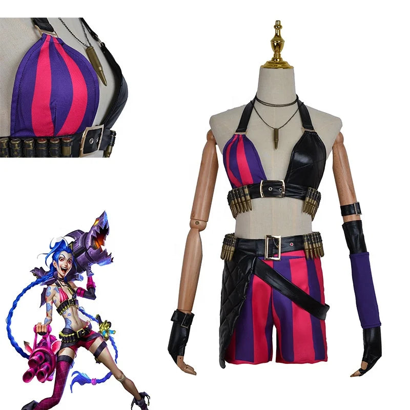 Wholesale League of Legends Crit Loli Jinx Costume High Quality LOL Arcane Anime Halloween Party Uniform Cosplay Costume