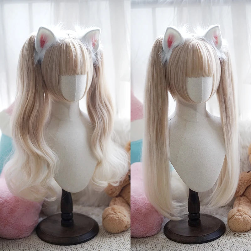 Lolita Style Curly straight Double Ponytails Wig | Heat Resistant Synthetic Hair with Bangs for Cosplay, Halloween, Anime Theme