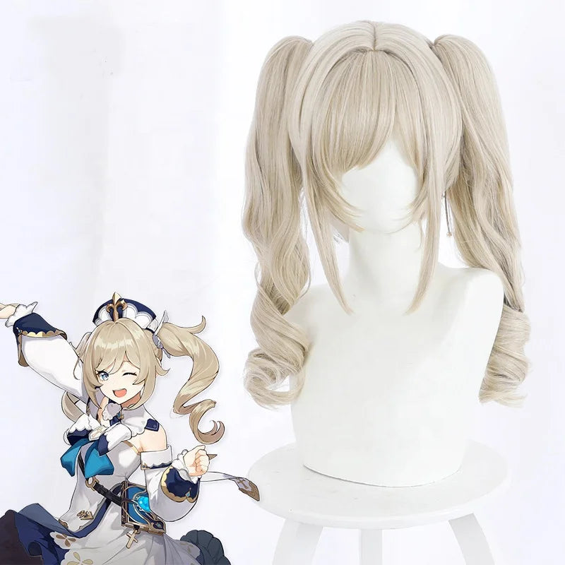 Wholesale 50cm Long Wave Light Blonde Genshin Impact Barbara Wig Cosplay Synthetic Anime Lolita Hair Wig With Two Ponytails