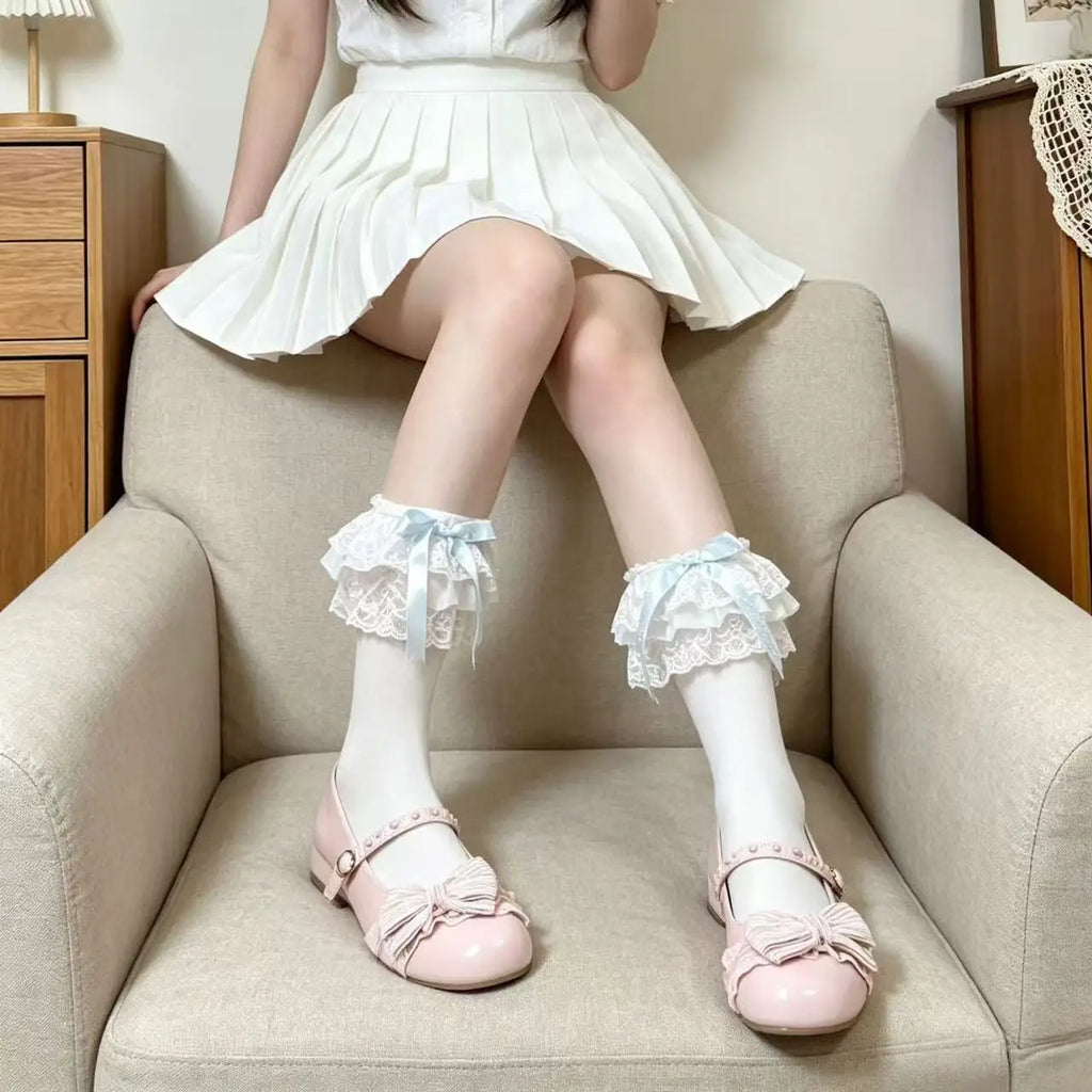 Japanese Original Lolita-style Breathable Cuff Spring/Summer Girl's Bow-tie Pile-up Mid-calf Socks