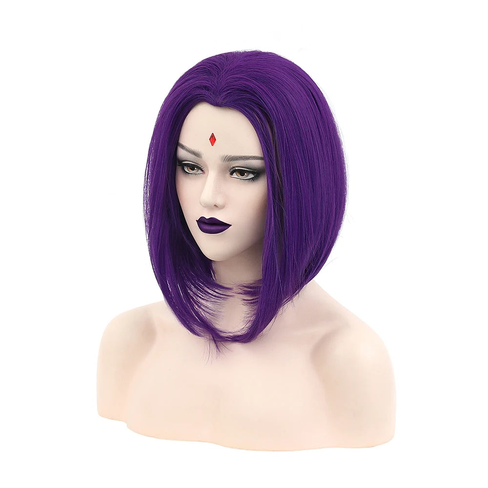 Ainizi Purple bob Middle Part Raven Cosplay Wig From New Teen Titans for Halloween
