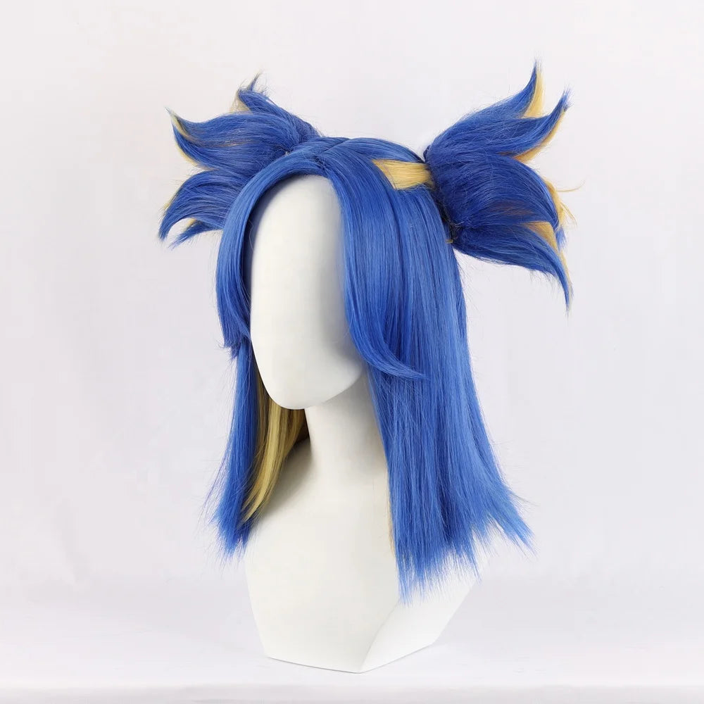 Wholesale Game Valorant Neon Wig Cosplay 40cm Medium Long Blue Blonde Mixed Synthetic Anime Ponytails Peluca Cosplay Wig