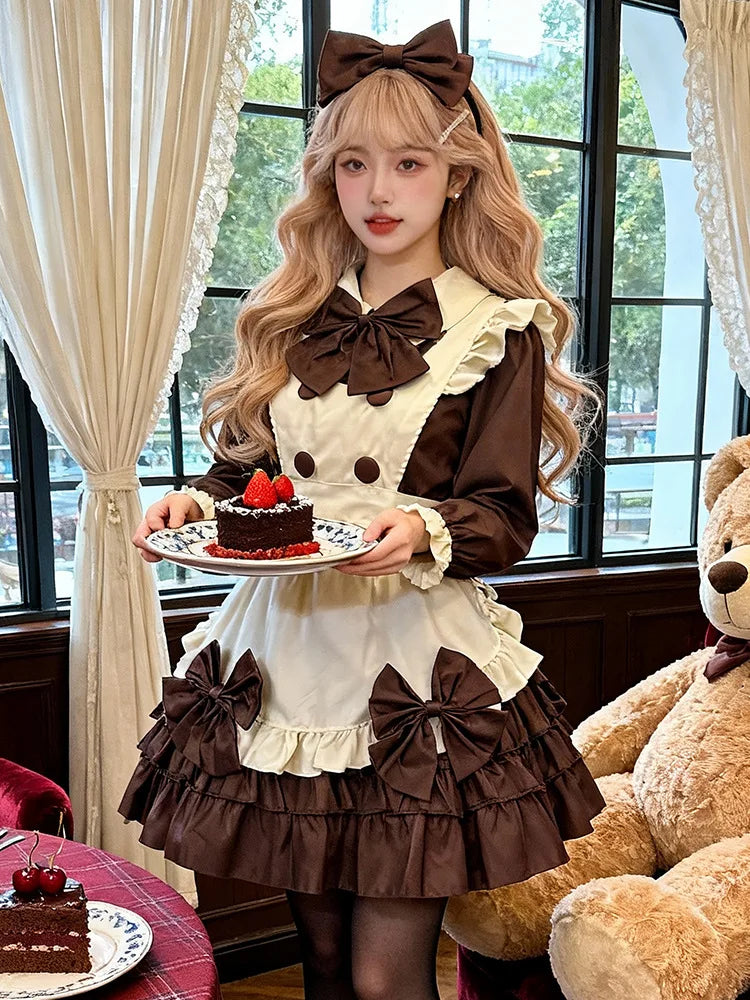 Adult Women Japanese Anime Cosplay Costume Polyester Bow Apron Lolita Maid Dress Outfit for Halloween Party