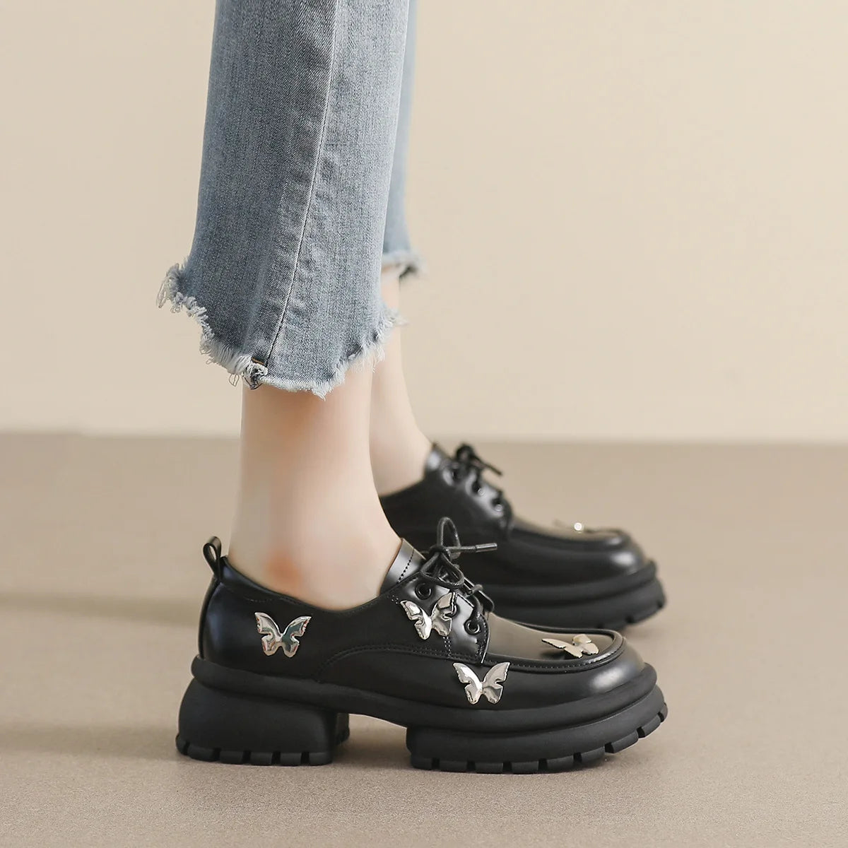 Elegant British & Korean Style Women's Light Single Leather Shoe Lace-Up Loafers with Pointed & Cute Butterfly Design for School