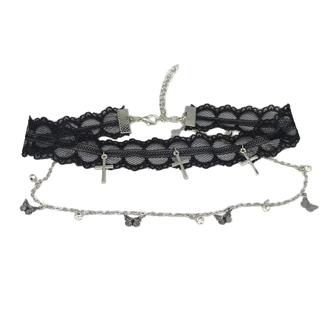 Sweet Black White Lace Choker Necklaces Women Trendy Cross Butterfly Pendant Necklace Party Jewelry