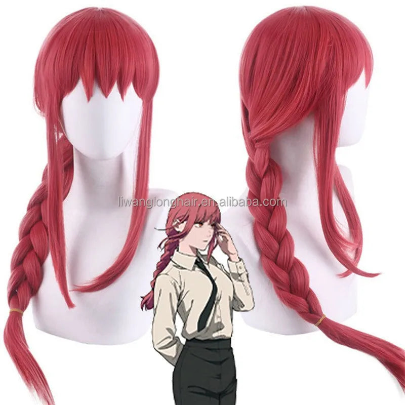 Long Rose Red Pink Braid Wig Bangs Anime Red Cosplay 27.5 Heat Resistant High Temperature Fiber for Women Halloween