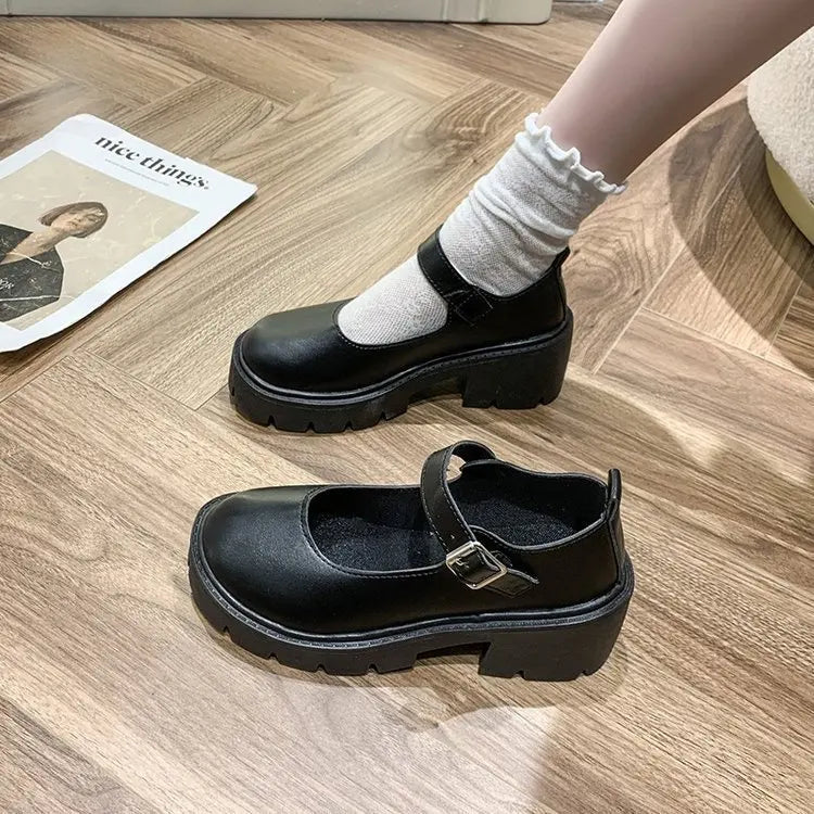 2026 New Japanese Style Women Round Toe Platform Black PU Leather Student Cosplay Daily Fashion Shoes