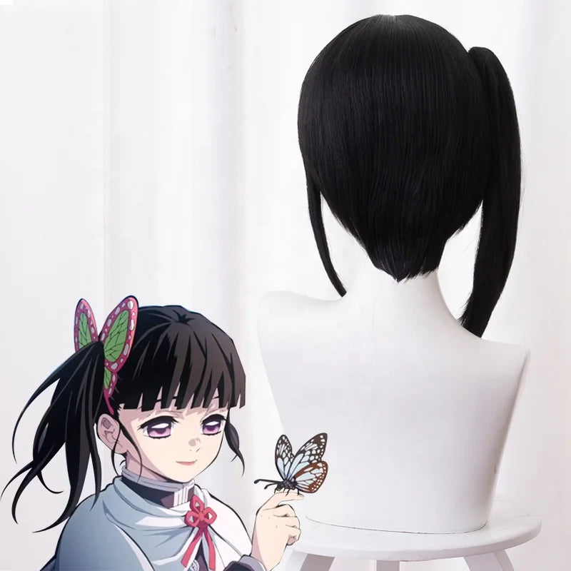 Wholesale 40cm Short Demon Slayer Peluca Tsuyuri Kanawo Wig Cosplay Black Synthetic Anime Hair Wigs With One Ponytail