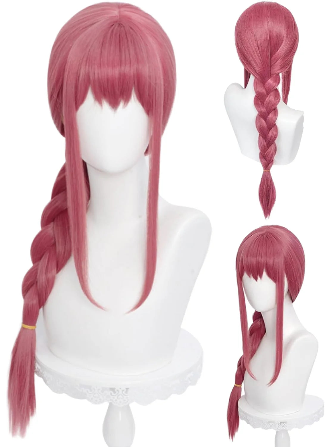 Long Rose Red Pink Braid Wig Bangs Anime Red Cosplay 27.5 Heat Resistant High Temperature Fiber for Women Halloween