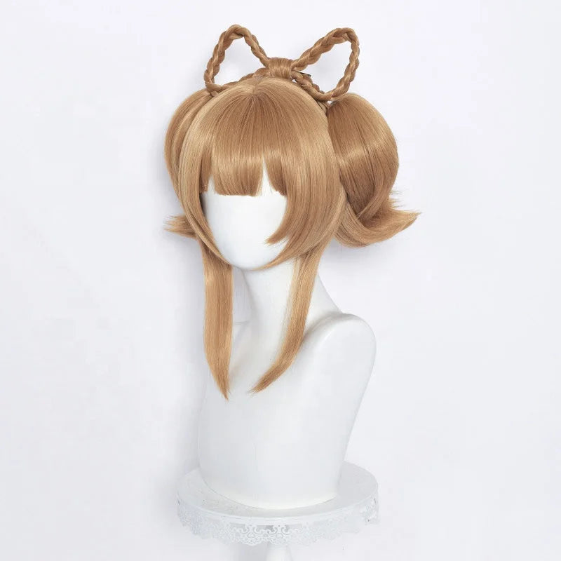 Wholesale Genshin Impact Wigs 40cm Medium Long Light Brown Yaoyao Peluca Synthetic Anime Cosplay Wigs With Two Ponytails