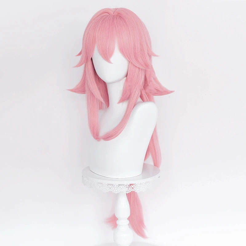 Wholesale 85cm Long Modern Curly Pink Genshin Impact Anime Yaemiko Wig Cosplay Synthetic Halloween Party Heat Resistant Hair Wig