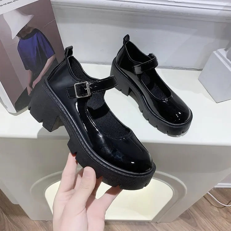 2026 New Japanese Style Women Round Toe Platform Black PU Leather Student Cosplay Daily Fashion Shoes