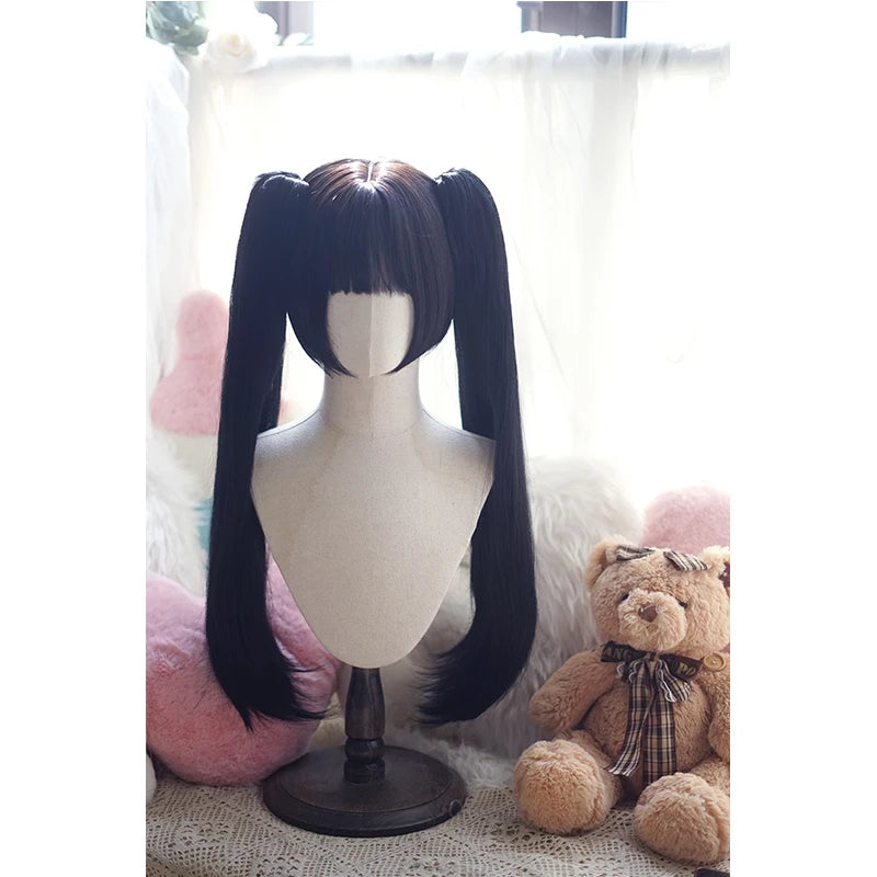 Lolita Style Curly straight Double Ponytails Wig | Heat Resistant Synthetic Hair with Bangs for Cosplay, Halloween, Anime Theme
