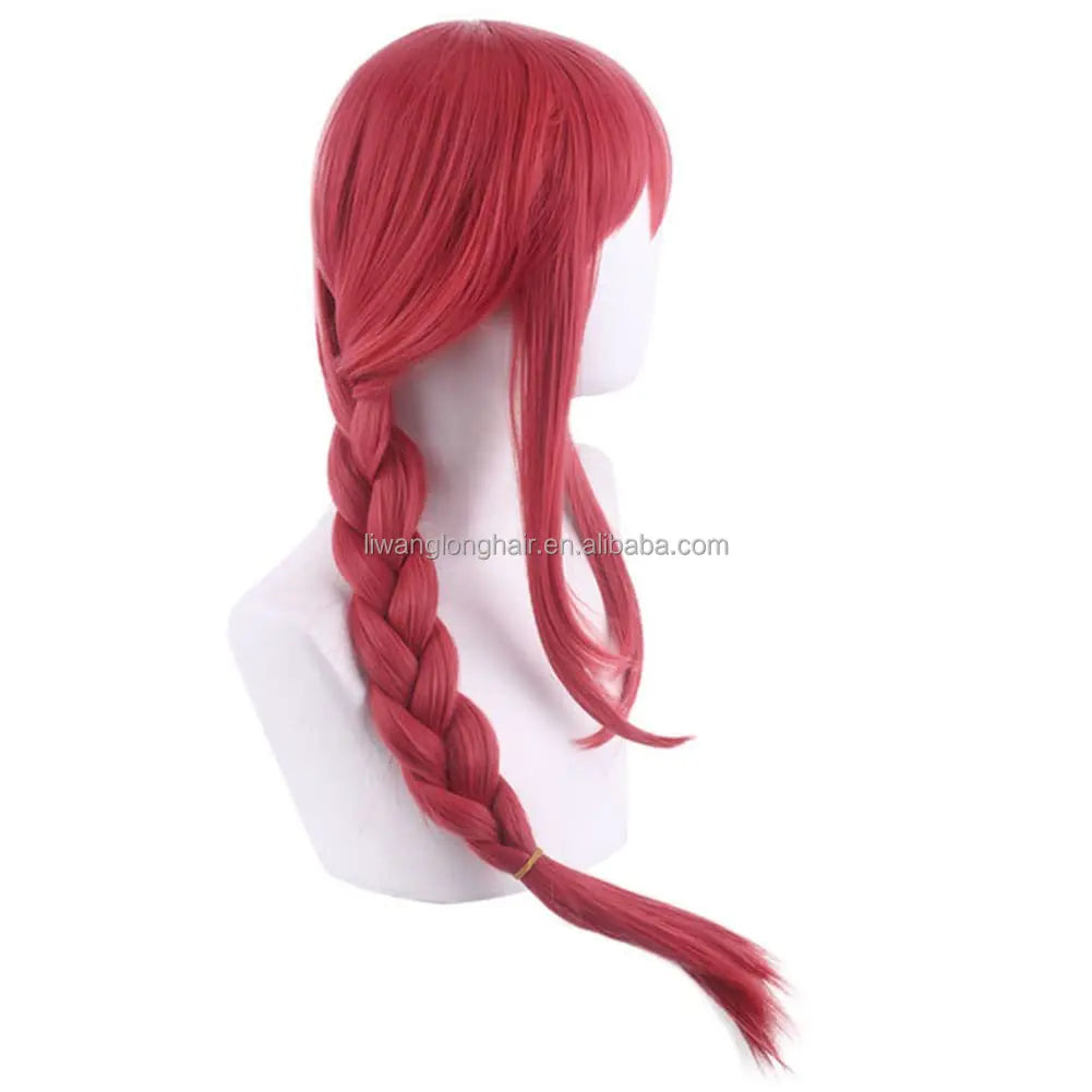 Long Rose Red Pink Braid Wig Bangs Anime Red Cosplay 27.5 Heat Resistant High Temperature Fiber for Women Halloween