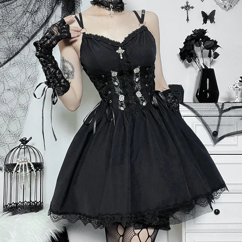 Women Gothic Vintage Black Mini Dress Streetwear Punk Belt Patchwork Dress Harajuku High Waist Mini Dresses