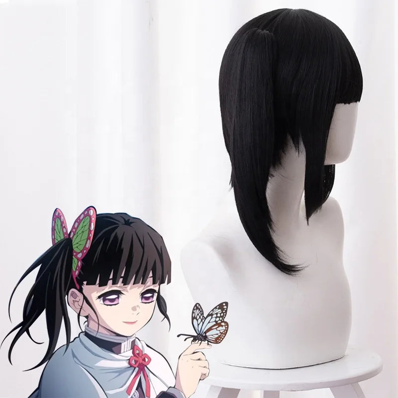 Wholesale 40cm Short Demon Slayer Peluca Tsuyuri Kanawo Wig Cosplay Black Synthetic Anime Hair Wigs With One Ponytail