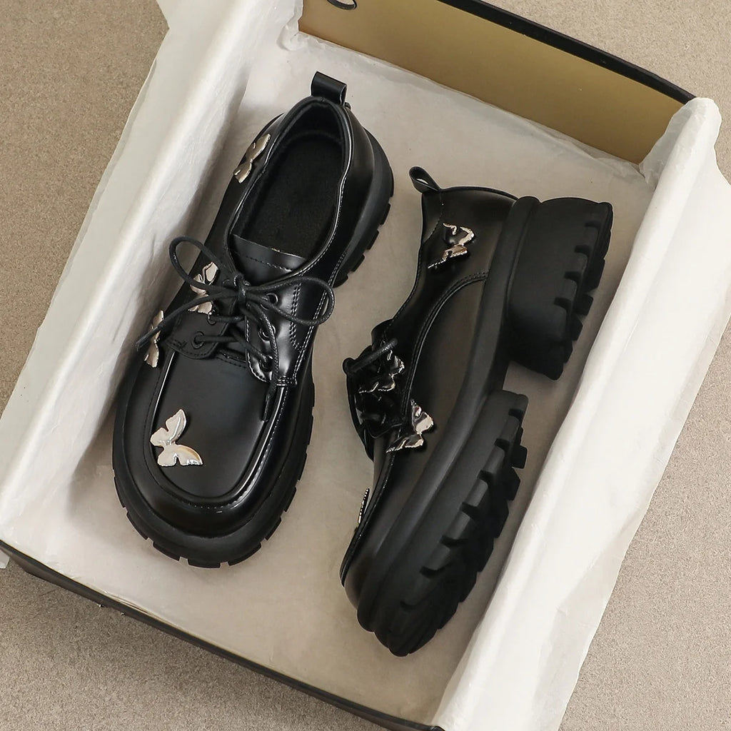Elegant British & Korean Style Women's Light Single Leather Shoe Lace-Up Loafers with Pointed & Cute Butterfly Design for School