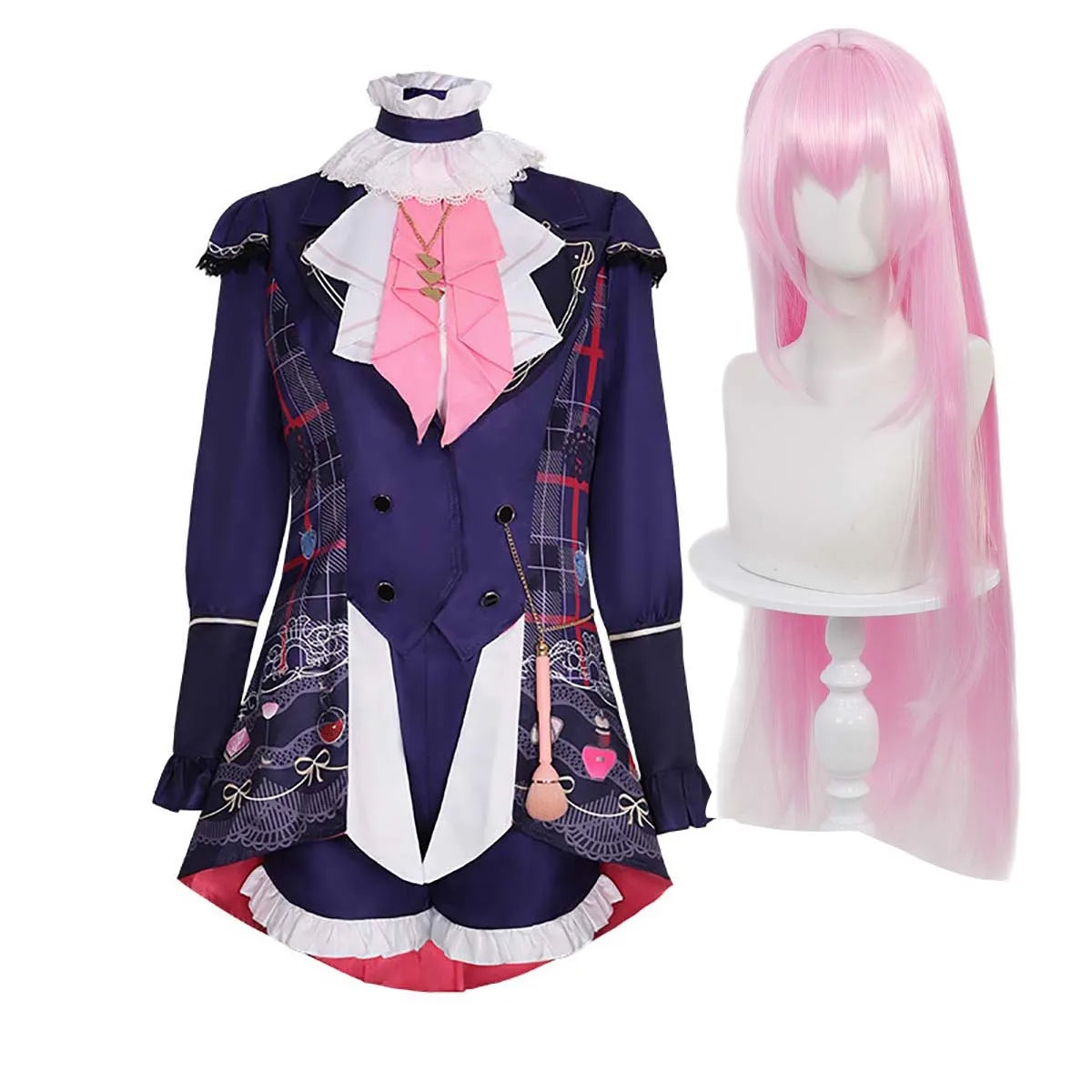 Women Halloween Party Clothing Anime Luka Cosplay Dark Blue Victorian Costume or Pink Wig GAHC-015