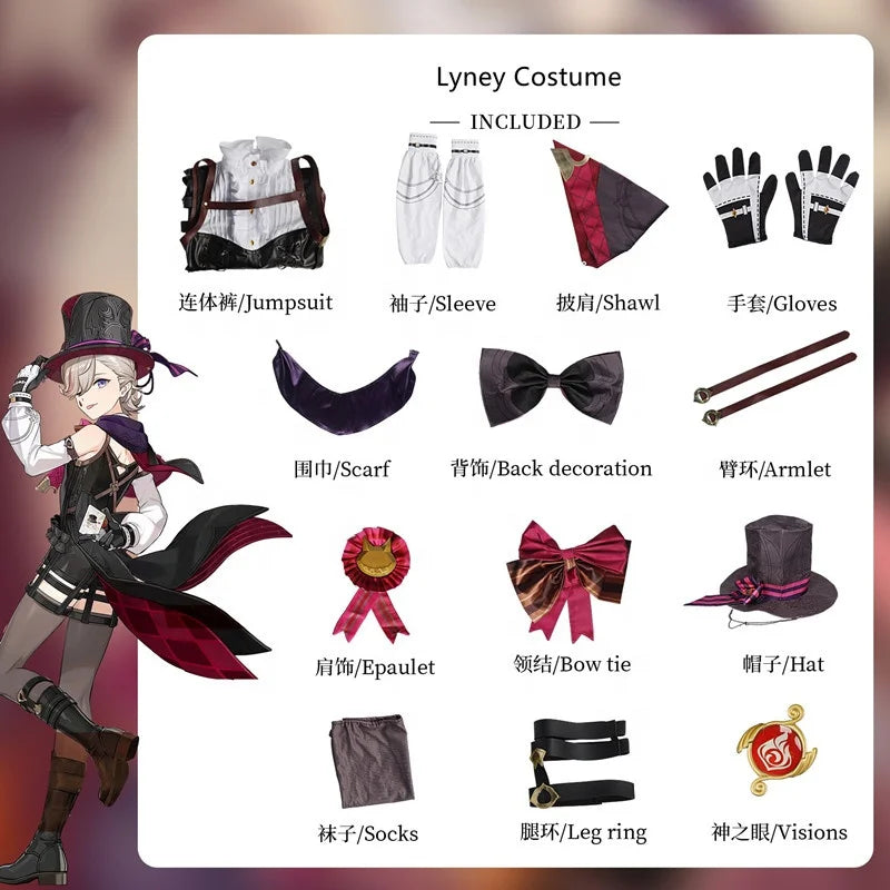 High Quality Wholesale Lyney Costume Uniform Cloth Halloween Party Genshin Impact Anime Cosplay Costume for Girls