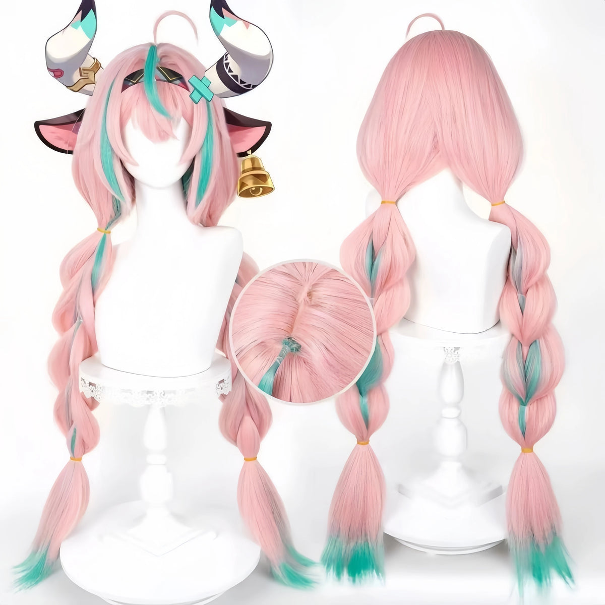 Genshin Impact Varesa Cosplay Wig 98cm Pink Green Braided Hairstyle Wig Heat Resistant Synthetic Hair Anime Cosplay Costume Wigs