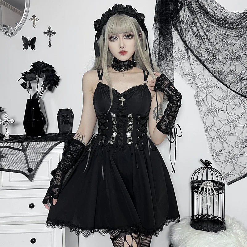 Women Gothic Vintage Black Mini Dress Streetwear Punk Belt Patchwork Dress Harajuku High Waist Mini Dresses