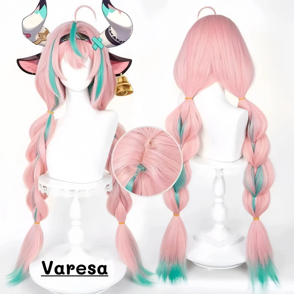 Genshin Impact Varesa Cosplay Wig 98cm Pink Green Braided Hairstyle Wig Heat Resistant Synthetic Hair Anime Cosplay Costume Wigs