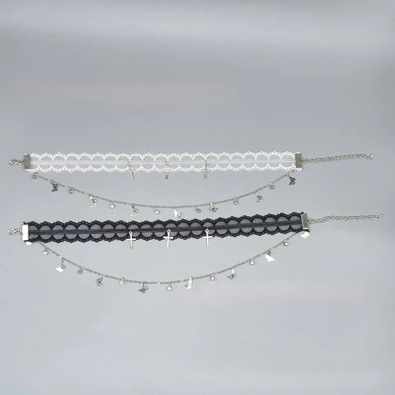 Sweet Black White Lace Choker Necklaces Women Trendy Cross Butterfly Pendant Necklace Party Jewelry
