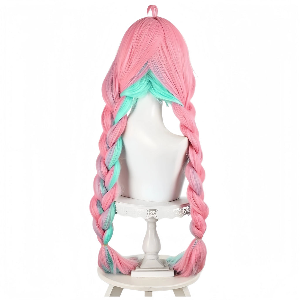 Genshin Impact Varesa Cosplay Wig 98cm Pink Green Braided Hairstyle Wig Heat Resistant Synthetic Hair Anime Cosplay Costume Wigs