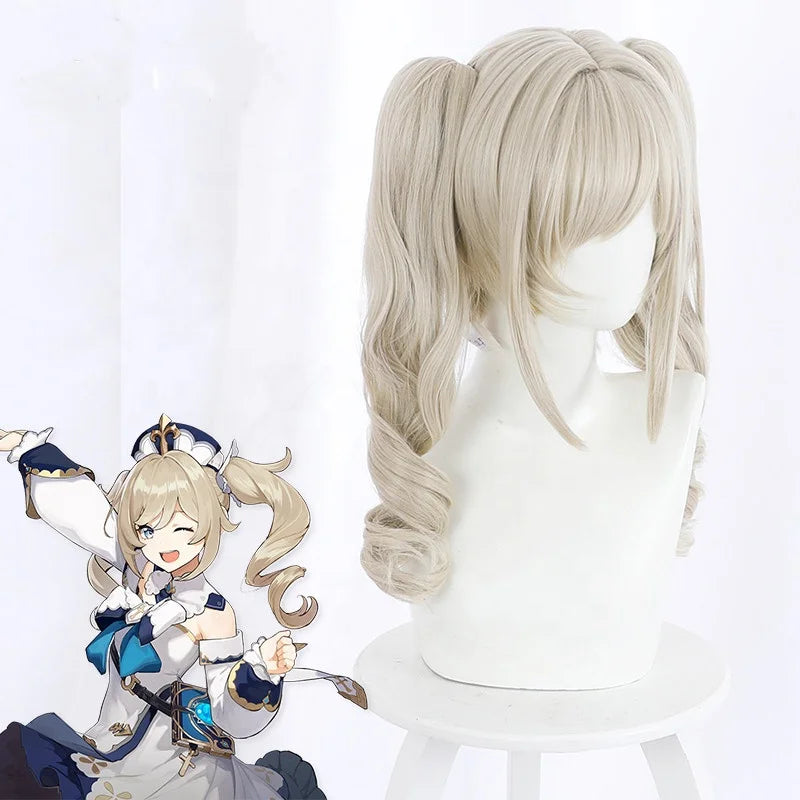Wholesale 50cm Long Wave Light Blonde Genshin Impact Barbara Wig Cosplay Synthetic Anime Lolita Hair Wig With Two Ponytails