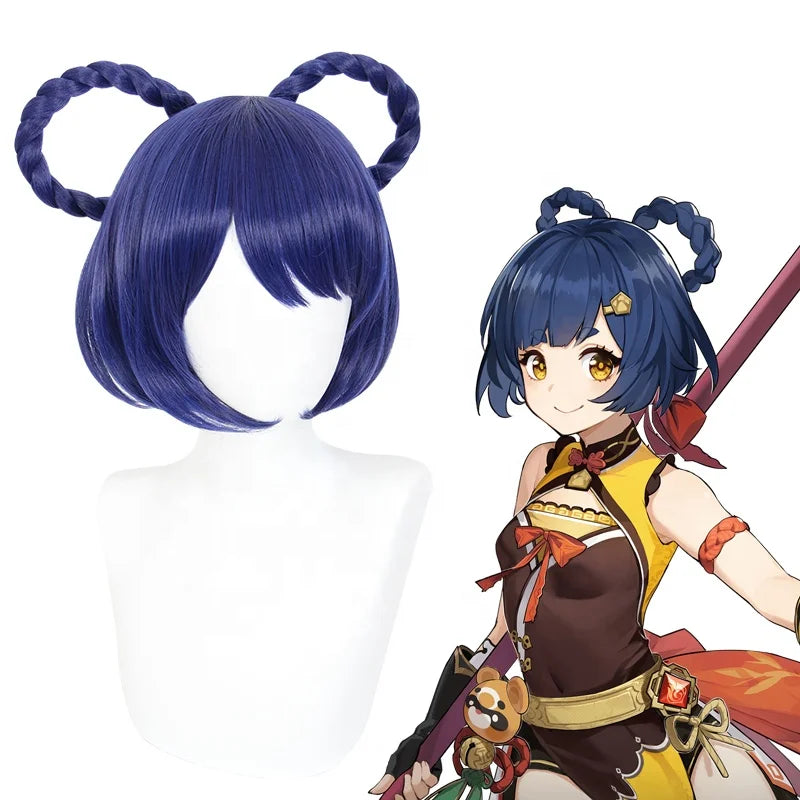 Wholesale Genshin Impact Anime Peluca 30cm Short Blue Purple Mixed Xiangling Wig Cosplay Synthetic Braided Hair Wig