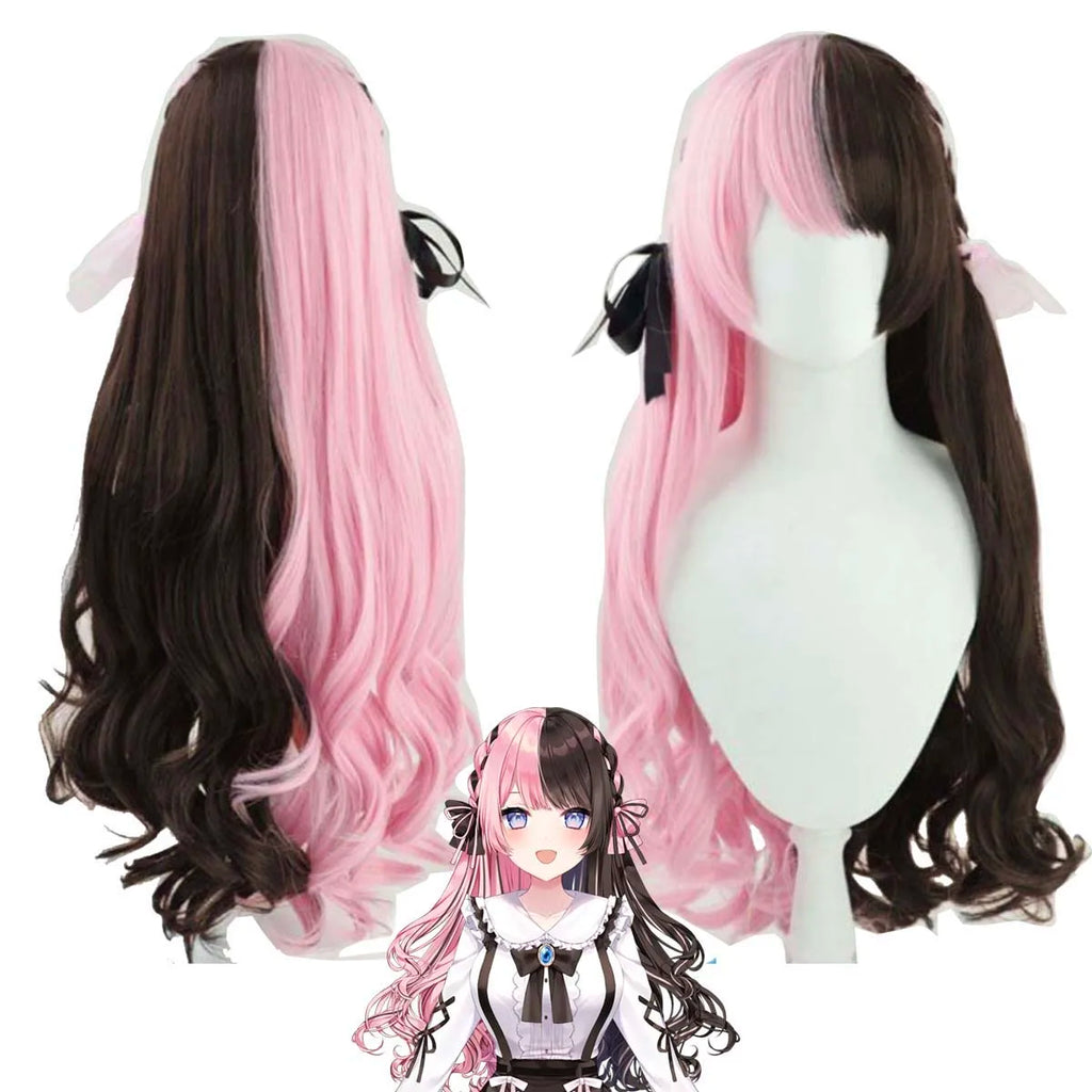 Women Virtual YouTuber VTuber Hinano Tachibana Cosplay Long Half Pink Half Black Heat Resistant Hair Wigs IDOL-019