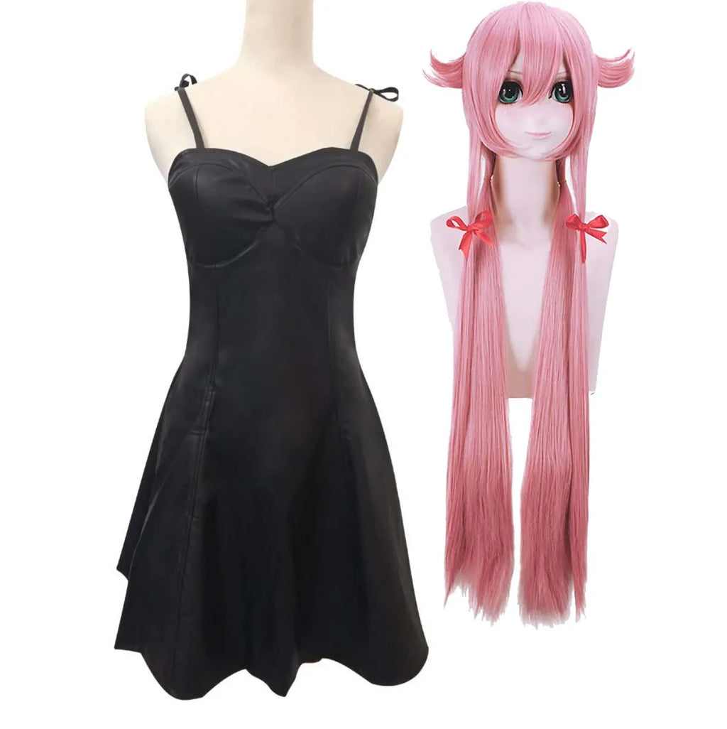 Women Halloween Christmas Party Uniform Suits Anime Cos Mirai Nikki Gasai Yuno Cosplay Black Dress Costumes or Wig AOKG-214