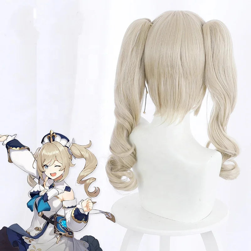 Wholesale 50cm Long Wave Light Blonde Genshin Impact Barbara Wig Cosplay Synthetic Anime Lolita Hair Wig With Two Ponytails