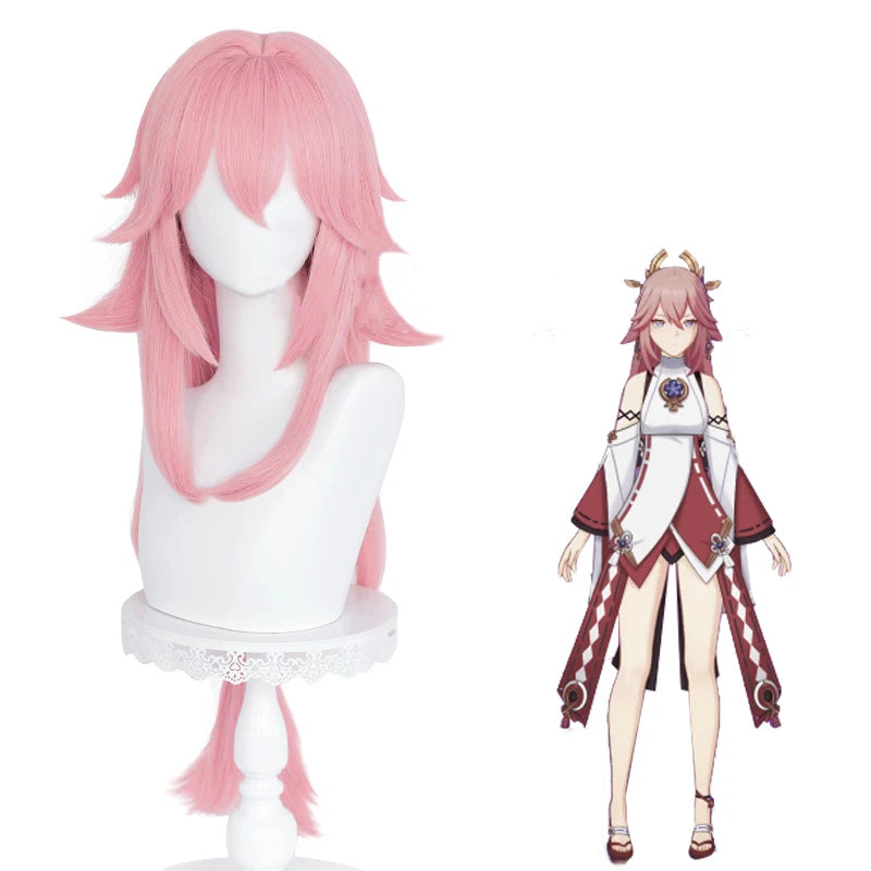Wholesale 85cm Long Modern Curly Pink Genshin Impact Anime Yaemiko Wig Cosplay Synthetic Halloween Party Heat Resistant Hair Wig