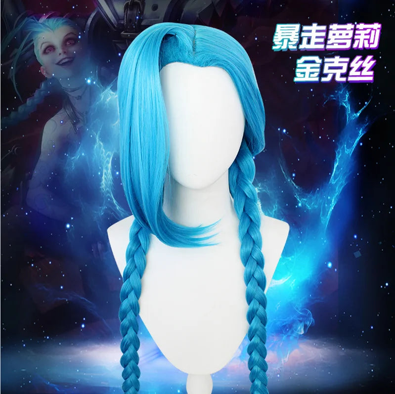 High Quality 120cm 47'' Long Straight Blue League of Legends Game Jinx Wig Cosplay Synthetic Hair Wigs