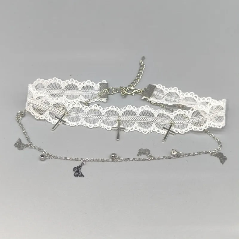 Sweet Black White Lace Choker Necklaces Women Trendy Cross Butterfly Pendant Necklace Party Jewelry